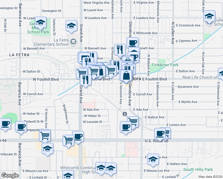 map of restaurants, bars, coffee shops, grocery stores, and more near 117 South Pennsylvania Avenue in Glendora