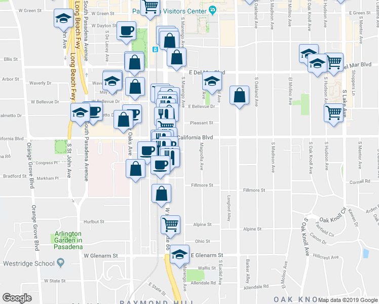 map of restaurants, bars, coffee shops, grocery stores, and more near 591 South Marengo Avenue in Pasadena