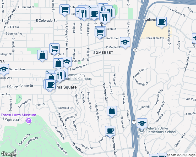map of restaurants, bars, coffee shops, grocery stores, and more near 1364 East Acacia Avenue in Glendale