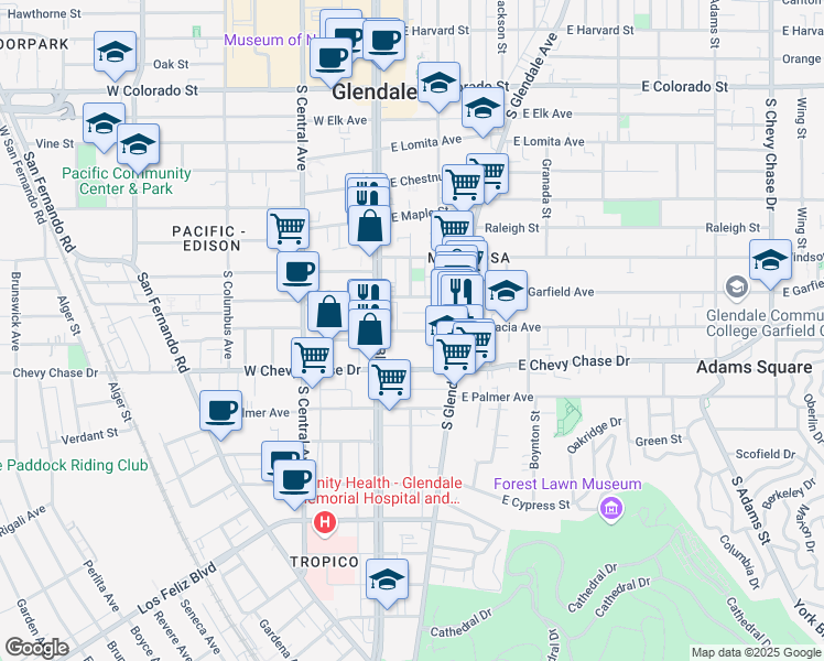map of restaurants, bars, coffee shops, grocery stores, and more near 116 East Garfield Avenue in Glendale