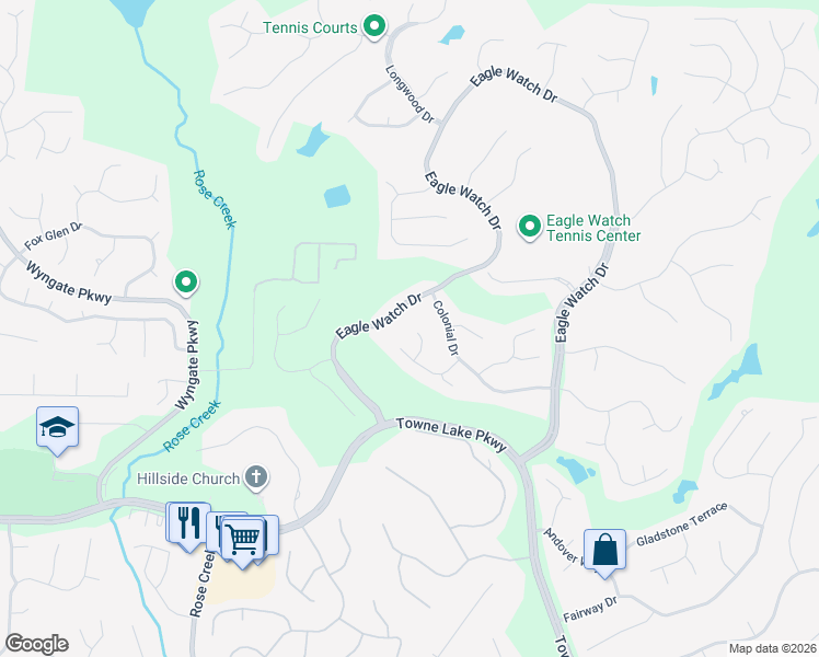 map of restaurants, bars, coffee shops, grocery stores, and more near 805 Muirfield Court in Woodstock