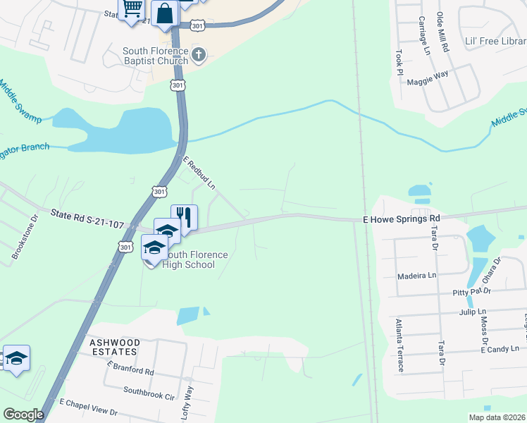 map of restaurants, bars, coffee shops, grocery stores, and more near 313 East Howe Springs Road in Florence