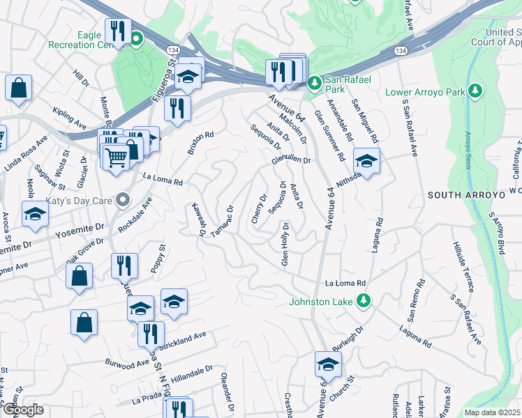 map of restaurants, bars, coffee shops, grocery stores, and more near 360 Cherry Drive in Pasadena