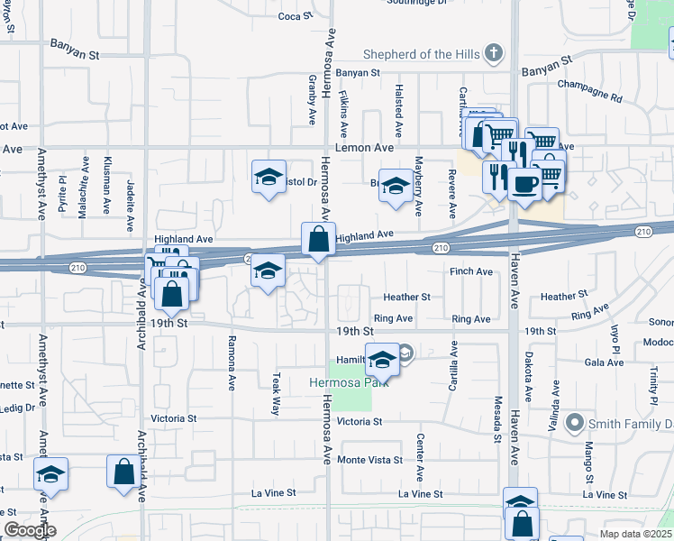 map of restaurants, bars, coffee shops, grocery stores, and more near 10123 Finch Avenue in Rancho Cucamonga