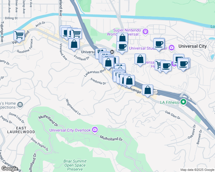 map of restaurants, bars, coffee shops, grocery stores, and more near 3895 Fredonia Drive in Los Angeles