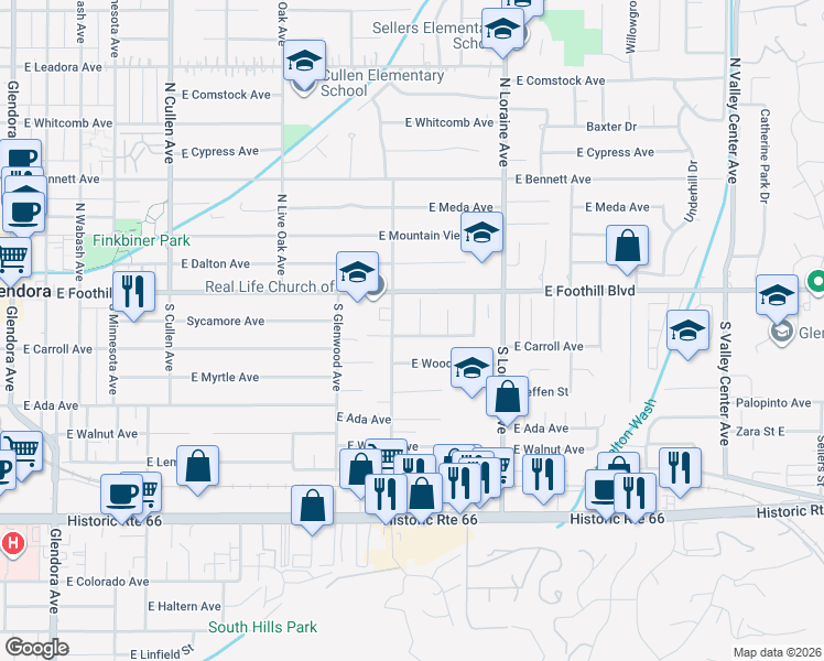 map of restaurants, bars, coffee shops, grocery stores, and more near 141 Sandalwood Place in Glendora