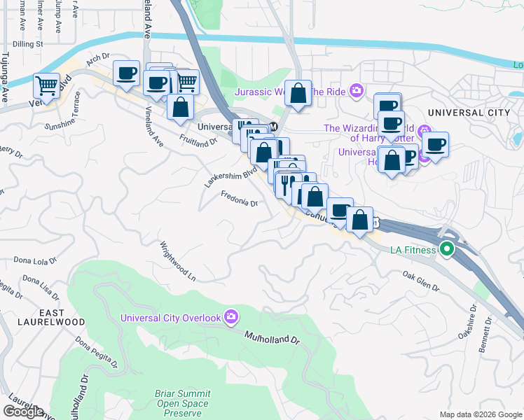 map of restaurants, bars, coffee shops, grocery stores, and more near 3895 Fredonia Drive in Los Angeles