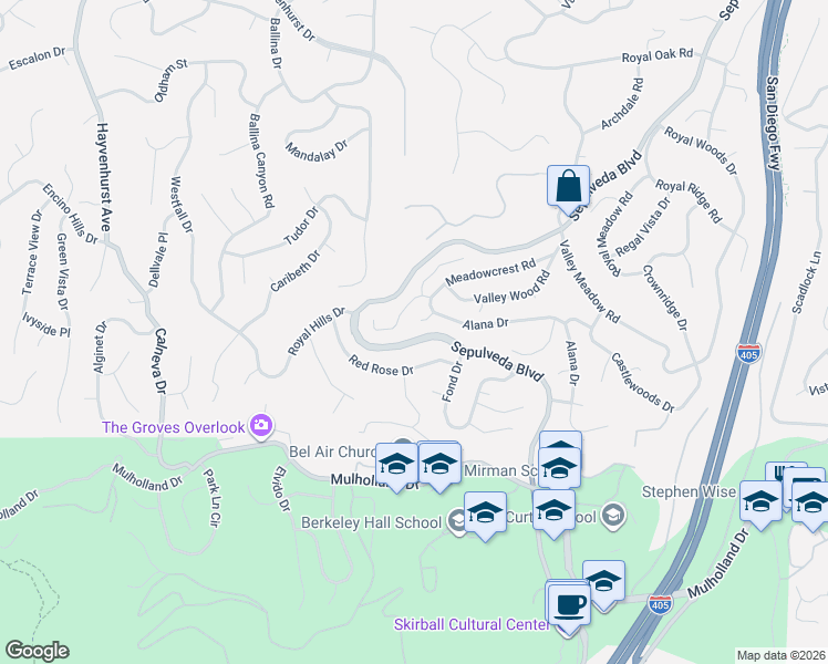 map of restaurants, bars, coffee shops, grocery stores, and more near 16142 Bayberry Place in Los Angeles