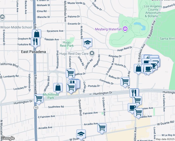 map of restaurants, bars, coffee shops, grocery stores, and more near 412 Cabrillo Road in Arcadia