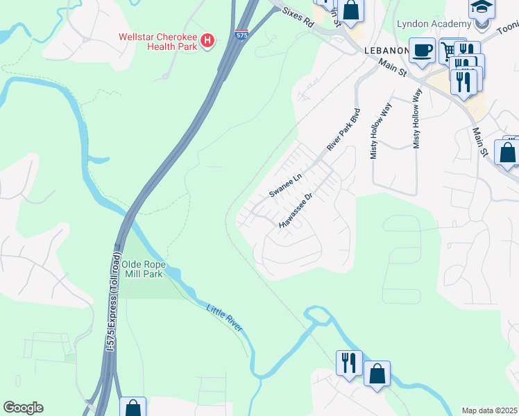 map of restaurants, bars, coffee shops, grocery stores, and more near 330 Hiawassee Drive in Woodstock