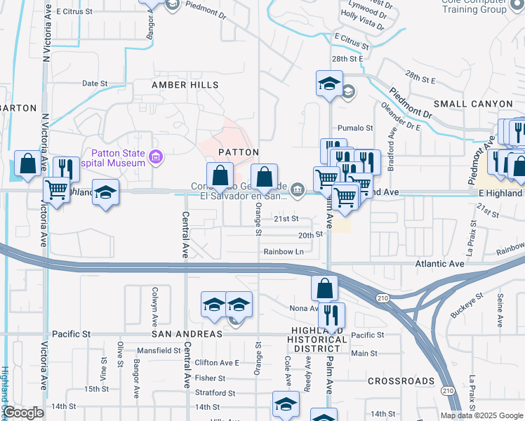 map of restaurants, bars, coffee shops, grocery stores, and more near 2111 Orange Street in Highland