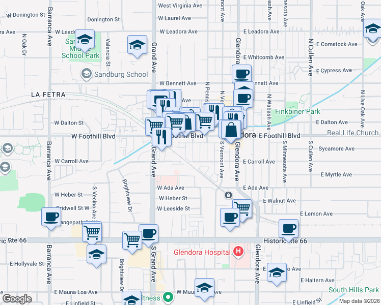 map of restaurants, bars, coffee shops, grocery stores, and more near 135 South Washington Avenue in Glendora