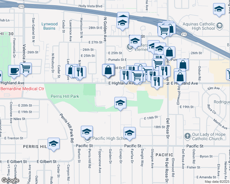 map of restaurants, bars, coffee shops, grocery stores, and more near 1255 East Highland Avenue in San Bernardino