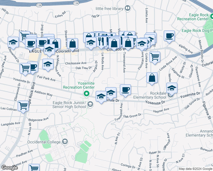 map of restaurants, bars, coffee shops, grocery stores, and more near 4865 Mount Royal Drive in Los Angeles