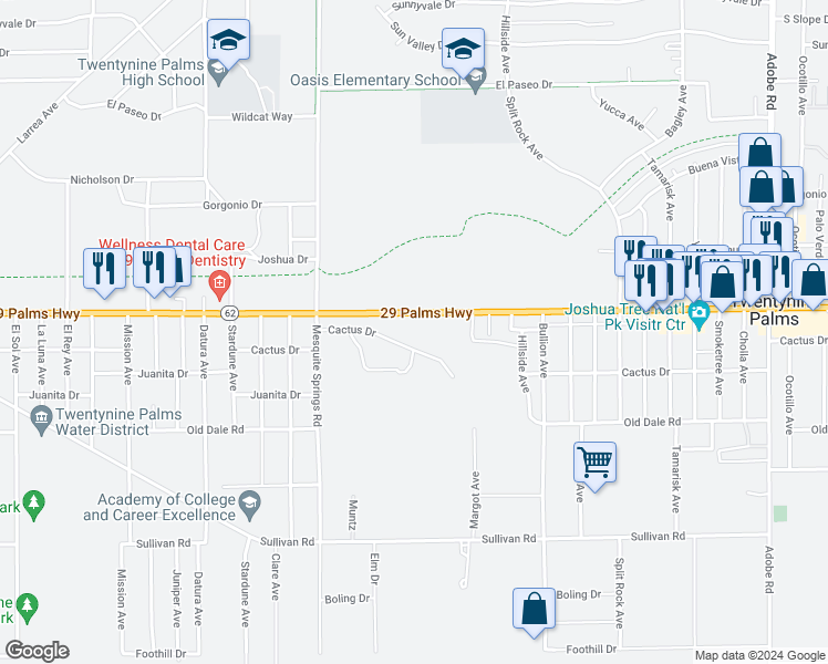 map of restaurants, bars, coffee shops, grocery stores, and more near 73081 Twentynine Palms Highway in Twentynine Palms