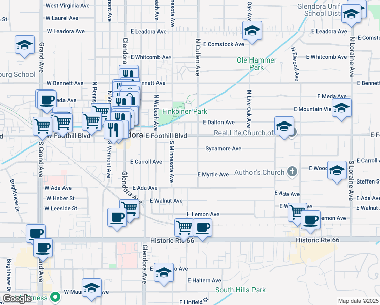map of restaurants, bars, coffee shops, grocery stores, and more near 457 Sycamore Avenue in Glendora