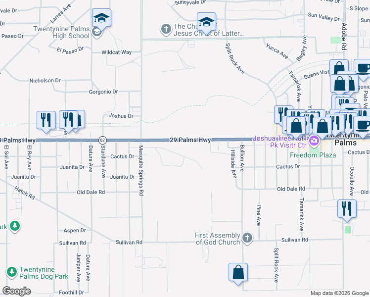 map of restaurants, bars, coffee shops, grocery stores, and more near 29 Palm Court in Twentynine Palms