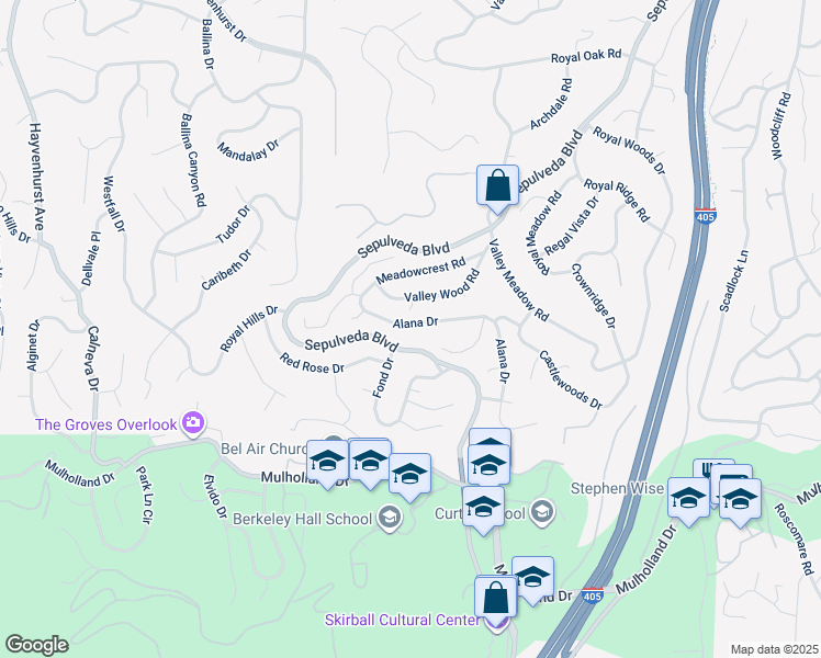 map of restaurants, bars, coffee shops, grocery stores, and more near 16020 Valley Wood Road in Los Angeles