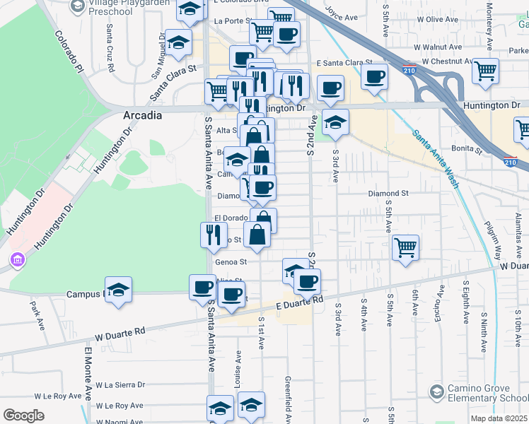 map of restaurants, bars, coffee shops, grocery stores, and more near 116 Diamond Street in Arcadia