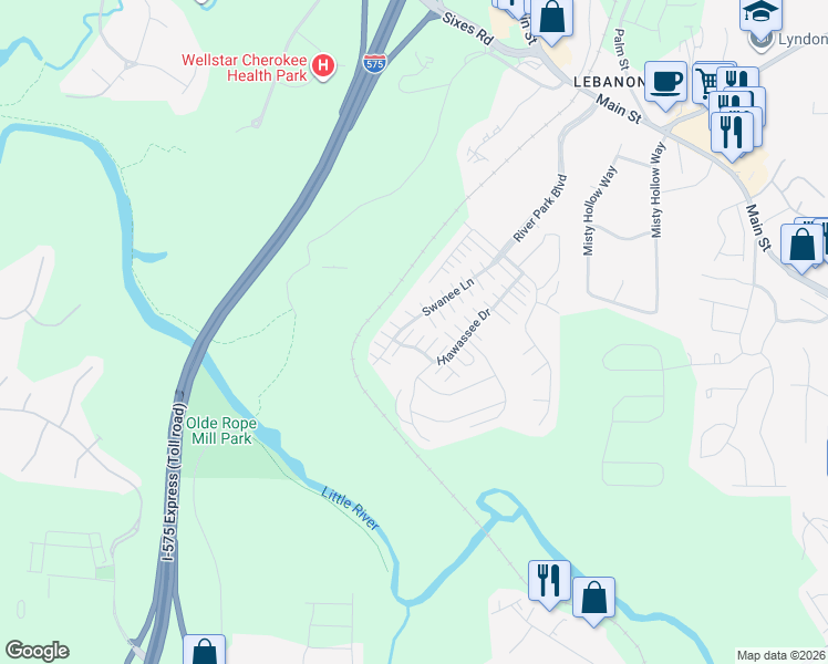 map of restaurants, bars, coffee shops, grocery stores, and more near 181 Swanee Lane in Woodstock