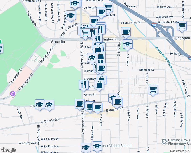 map of restaurants, bars, coffee shops, grocery stores, and more near 56 Diamond Street in Arcadia