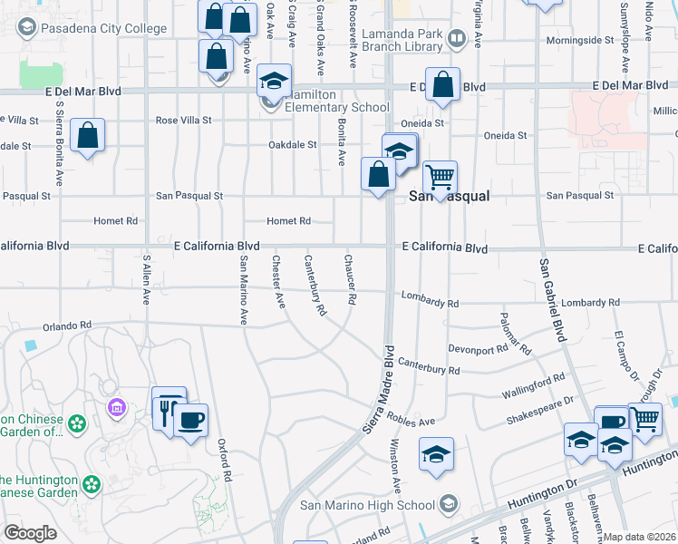 map of restaurants, bars, coffee shops, grocery stores, and more near 653 Chaucer Road in San Marino
