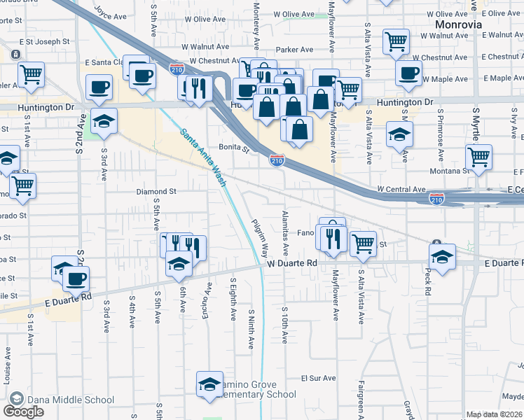 map of restaurants, bars, coffee shops, grocery stores, and more near 648 Anita Street in Monrovia