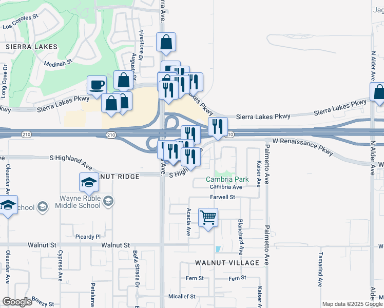map of restaurants, bars, coffee shops, grocery stores, and more near 17020 South Highland Avenue in Fontana