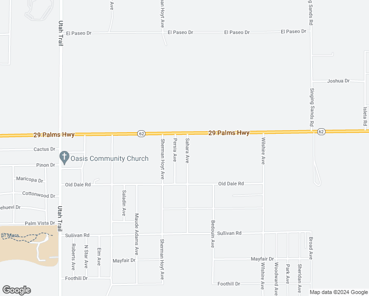 map of restaurants, bars, coffee shops, grocery stores, and more near 6556 Sahara Avenue in Twentynine Palms