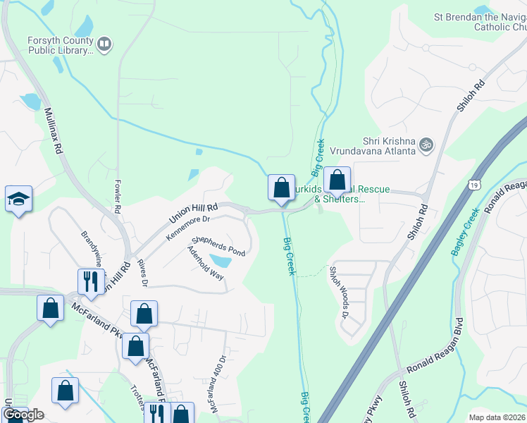 map of restaurants, bars, coffee shops, grocery stores, and more near 7173 Union Hill Road in Alpharetta