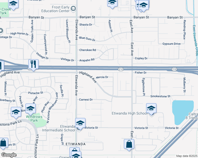 map of restaurants, bars, coffee shops, grocery stores, and more near 13063 Norcia Drive in Rancho Cucamonga