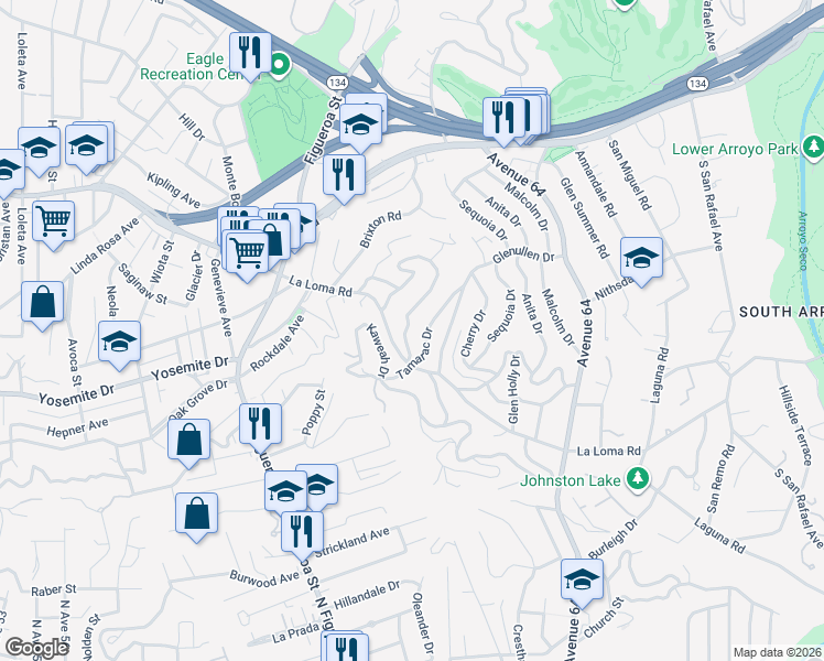 map of restaurants, bars, coffee shops, grocery stores, and more near 436 Redwood Drive in Pasadena