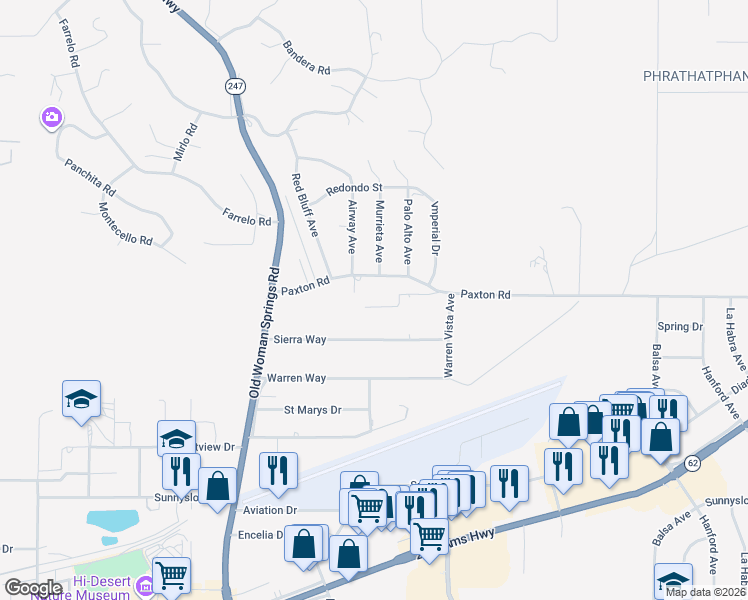 map of restaurants, bars, coffee shops, grocery stores, and more near 57455 Paxton Road in Yucca Valley
