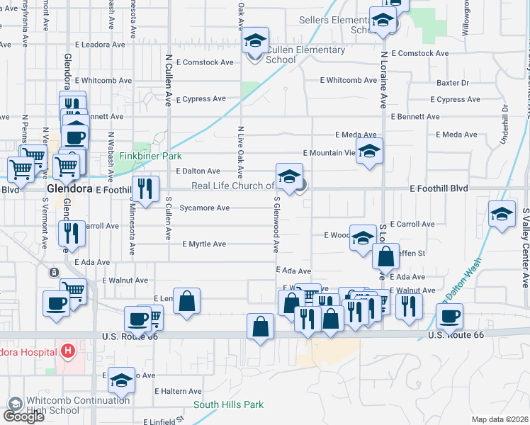 map of restaurants, bars, coffee shops, grocery stores, and more near 742 Sycamore Avenue in Glendora