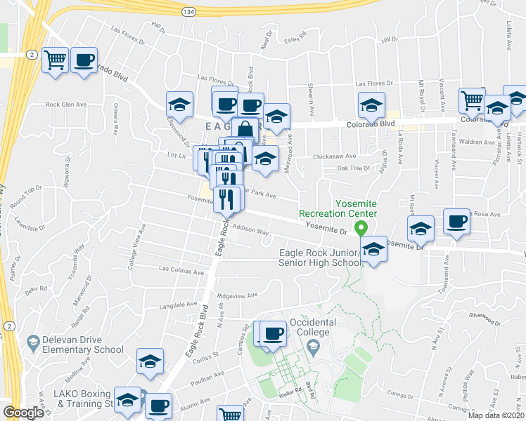 map of restaurants, bars, coffee shops, grocery stores, and more near 2101 Yosemite Drive in Los Angeles