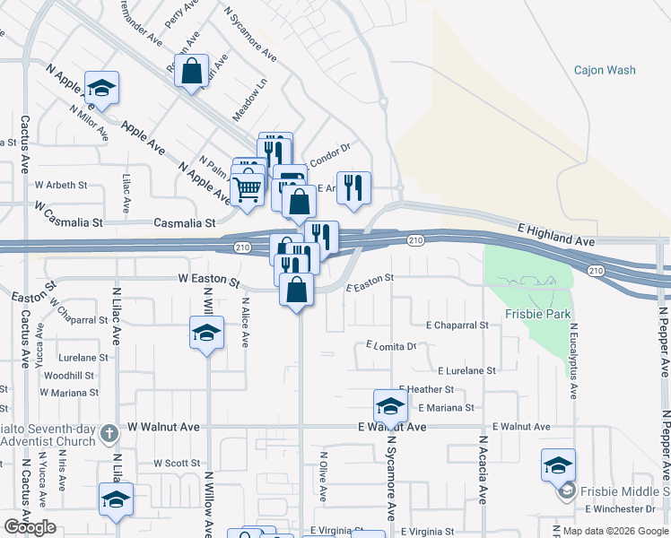 map of restaurants, bars, coffee shops, grocery stores, and more near 264 West Jackson Street in Rialto