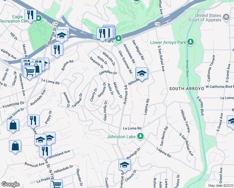 map of restaurants, bars, coffee shops, grocery stores, and more near 355 Malcolm Drive in Pasadena