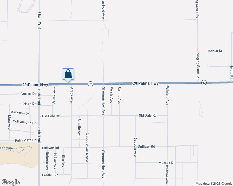 map of restaurants, bars, coffee shops, grocery stores, and more near 6539 Persia Avenue in Twentynine Palms