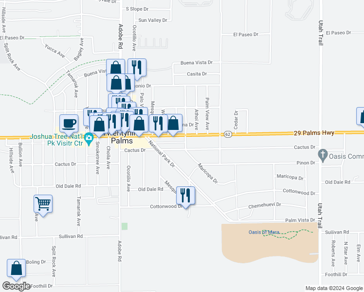 map of restaurants, bars, coffee shops, grocery stores, and more near 73943 Twentynine Palms Highway in Twentynine Palms