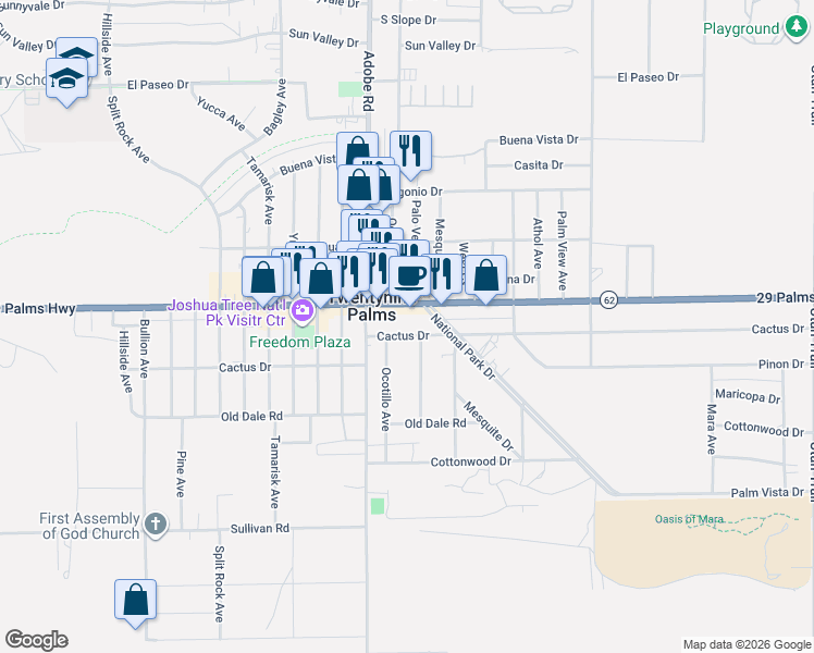 map of restaurants, bars, coffee shops, grocery stores, and more near in Twentynine Palms