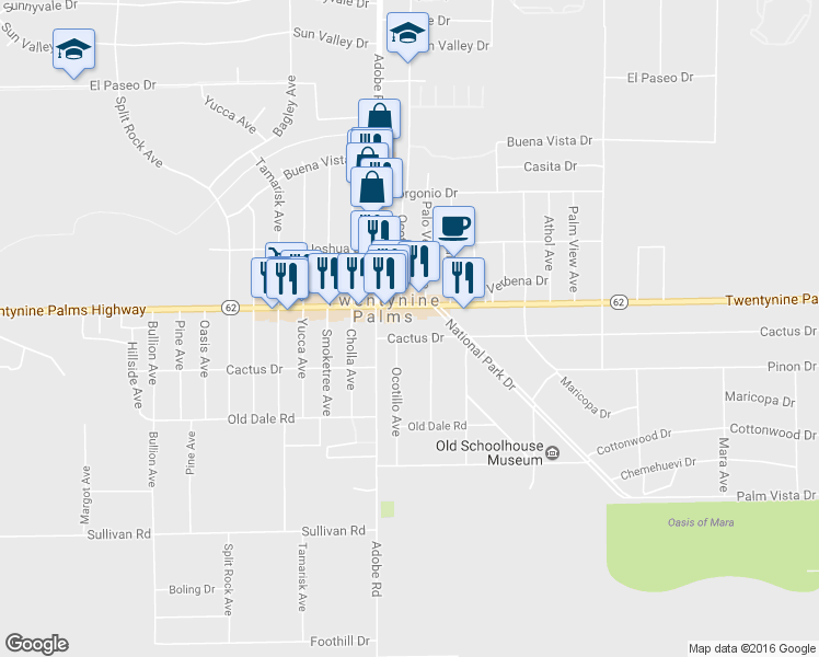 map of restaurants, bars, coffee shops, grocery stores, and more near in Twentynine Palms