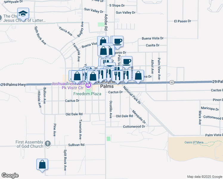 map of restaurants, bars, coffee shops, grocery stores, and more near in Twentynine Palms
