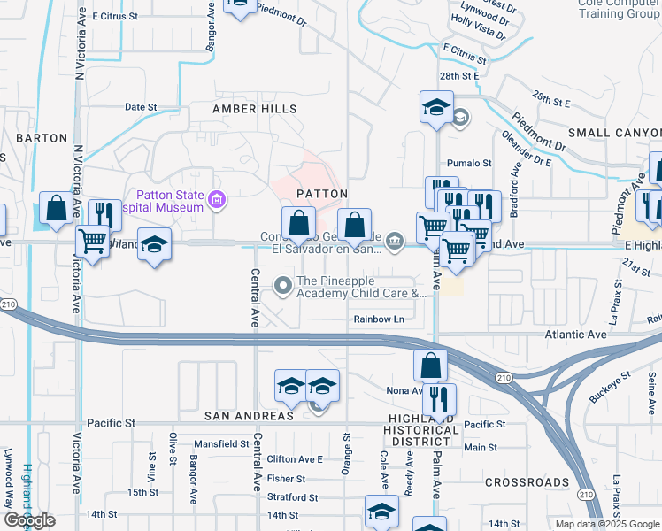 map of restaurants, bars, coffee shops, grocery stores, and more near 3331 Highland Avenue in Highland