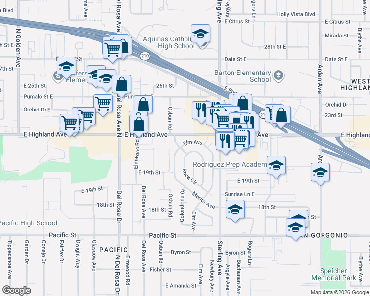 map of restaurants, bars, coffee shops, grocery stores, and more near 6521 Elm Avenue in San Bernardino