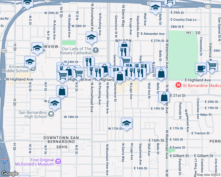 map of restaurants, bars, coffee shops, grocery stores, and more near 2172 Genevieve Street in San Bernardino