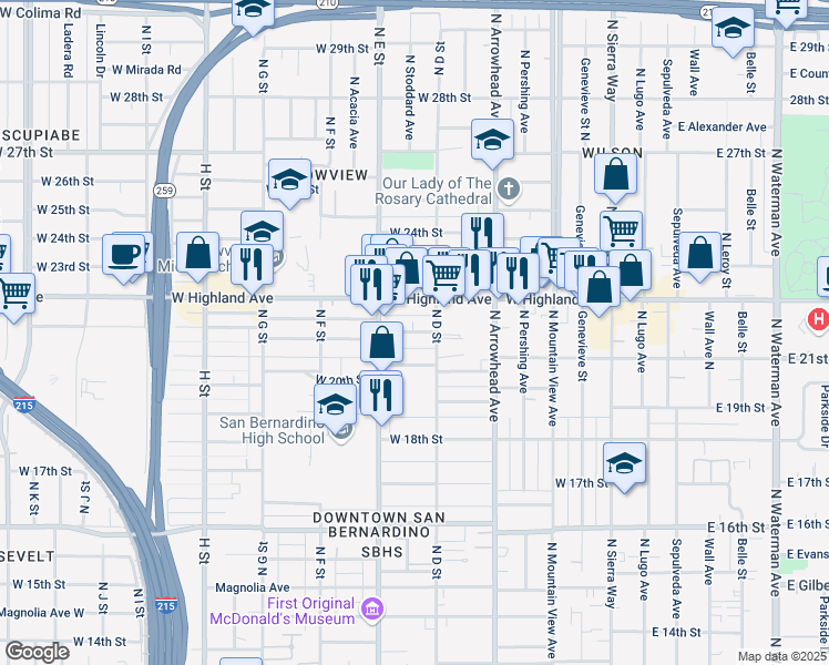 map of restaurants, bars, coffee shops, grocery stores, and more near 421 West Highland Avenue in San Bernardino