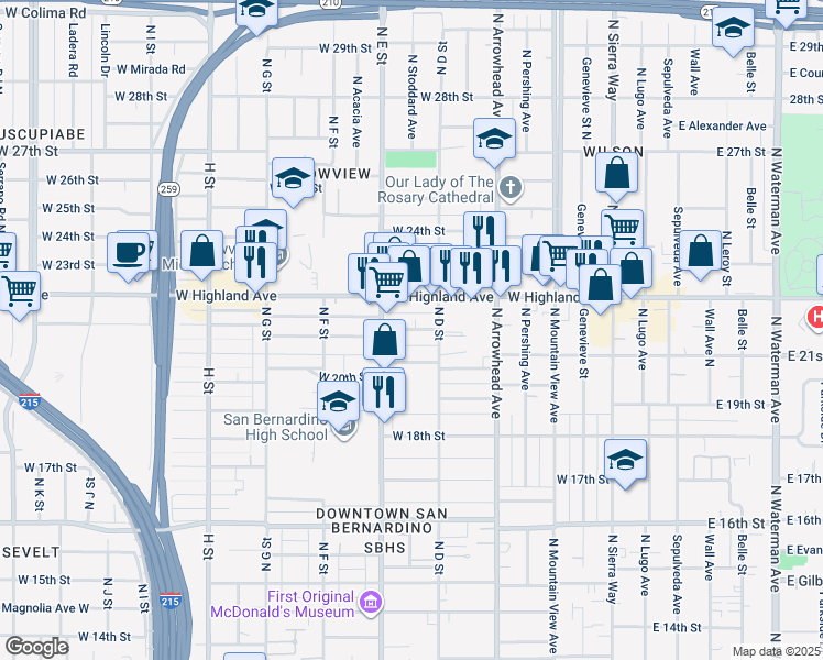 map of restaurants, bars, coffee shops, grocery stores, and more near 421 West Highland Avenue in San Bernardino