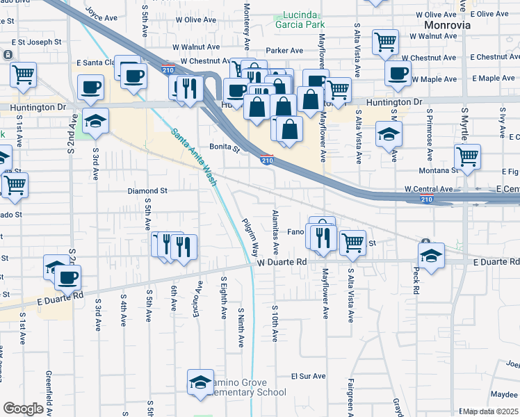 map of restaurants, bars, coffee shops, grocery stores, and more near 660 Anita Street in Monrovia
