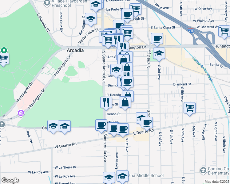 map of restaurants, bars, coffee shops, grocery stores, and more near 18 Diamond Street in Arcadia