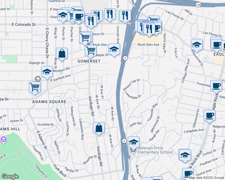 map of restaurants, bars, coffee shops, grocery stores, and more near 4584 Round Top Drive in Los Angeles